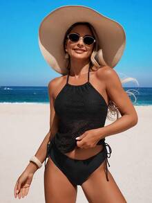 Swim Chiccia Bộ đồ bơi nữ 2 món, kiểu tankini hai dây, màu đen, kín đáo, thoải mái, thích hợp cho bơi lội, kỳ nghỉ, bãi biển, họa tiết jacquard hình học, phối lưới, xếp ly, dây rút. - màu đen - Xem 3