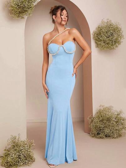 L'Amorae Vestido largo de sirena con corpiño adornado con perlas