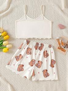 SHEIN Tween Girl Cartoon Print Camisole And Shorts Pajama Set, Suitable For Autumn, Winter And All Seasons - Apricot - View 3
