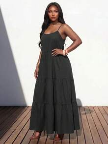 Truni Plus-Size Women's Black Summer Boho Backless Dress, Casual Sleeveless Ruffled Hem Vacation Holiday Spring 2026 Carnival Outdoor Wear - Black - View 2