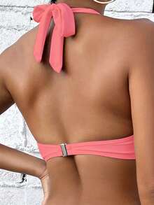 Voyashape Women's Summer Vacation Beach Solid Color Halter Neck Swimwear Top - Pink - View 2