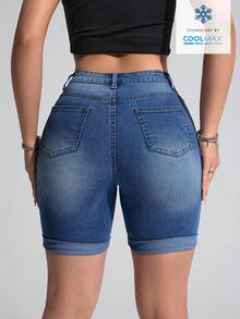 SHEIN Essnce Women's Pocket Skinny Casual Versatile Denim Shorts - Medium Wash - View 2