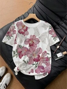 Divinelle Casual Minimalist Round Neck Short Sleeve Loose T-Shirt For Women, Floral Pattern, Suitable For Summer - Multicolor - View 5