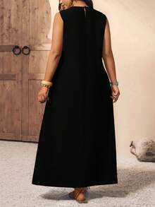 EMERY ROSE Plus Size Women Woven Tape Splice Loose Sleeveless Dress - Black - View 4