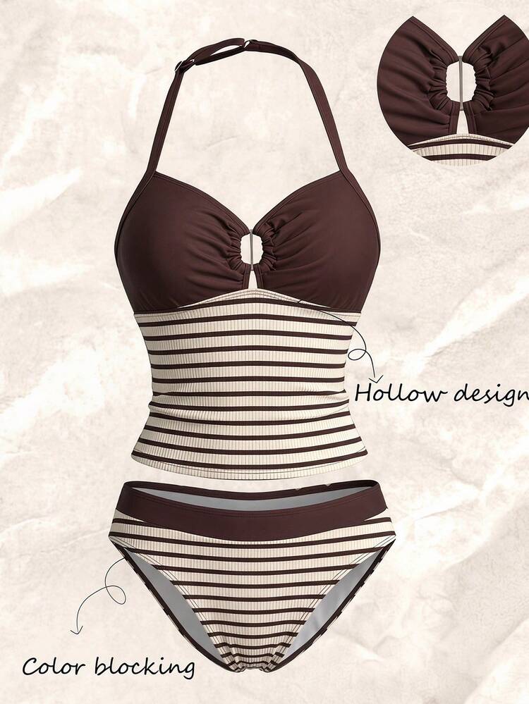 SHEIN Bộ tankini phối màu trắng kẻ sọc & nâu cho thiếu nữ, dây quai mảnh, đồ bơi đi biển nghỉ dưỡng phong cách thường ngày, thời trang mùa hè mới về - Nhiều màu - Xem 1