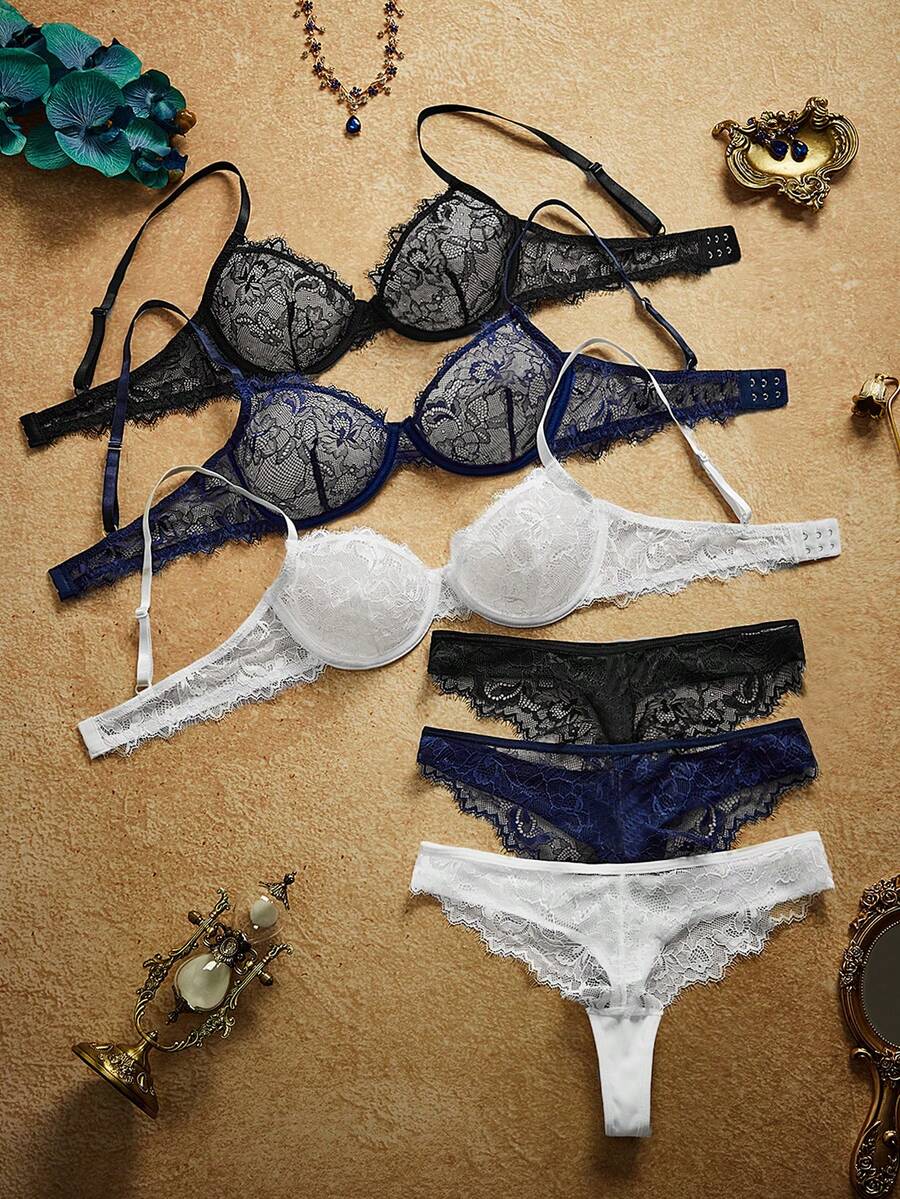 PinupPomp 6件套女士蕾丝钢圈软杯舒适文胸套装 - 彩色 - 查看 1