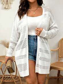 Elenzga Plus Size Solid Color Casual Long Sleeve Hollow-Out Knit Cardigan Fall - White - View 6