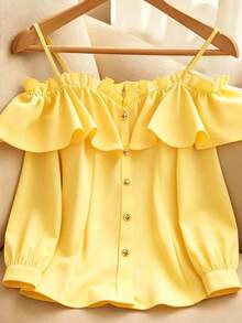 Glimmora Women's Elegant Daily Solid Color Ruffle Off-Shoulder Front Button Shirt Vacation Yellow Autumn - Yellow - View 3