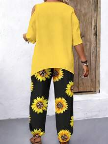 EMERY ROSE 2pcs Plus Size Off Shoulder Short Sleeve Top And Casual Loose Comfortable Pants Set, Plus Size Printed Set, Plus Size 2pcs Set - Multicolor - View 2