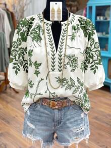 Linhara Áo sơ mi tay lửng 3/4 in hoa màu xanh dương, thời trang, thoải mái, phong cách retro, thanh lịch, phù hợp cho kỳ nghỉ hoặc đi làm. - màu xanh lá - Xem 1