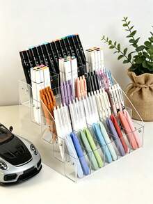 1PC Large Capacity Slanted Design Desktop Multifunctional Storage Clear Acrylic Pen Display Stand For Office School Home Desk Organization Pen Organizer Pencil Holder - Transparent - View 2