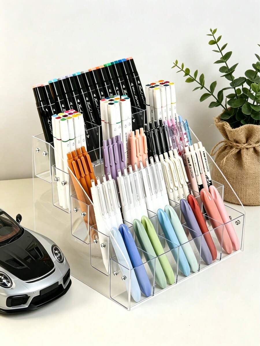 1PC Large Capacity Slanted Design Desktop Multifunctional Storage Clear Acrylic Pen Display Stand For Office School Home Desk Organization Pen Organizer Pencil Holder