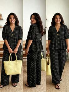 Enliva Plus Size Women's Polka Dot Ruffle Puff Sleeve 2 Piece Set, V-Neck Top With Elastic Waist Pants, Suitable For Apple And Curvy Figures - Multicolor - View 2