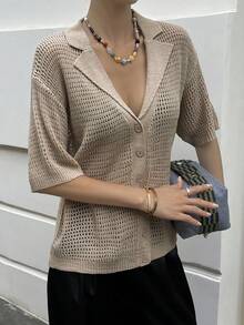Livesso Cardigan estivo da donna color kaki, stile casual ampio per vacanze & pendolarismo, tessuto a maglia traforata, maniche corte con colletto stile scuola - Albicocca - Visualizzare 6