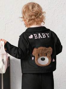 SHEIN Baby Girl Bear & Letter Graphic Jacket & Sweatpants - Black - View 1