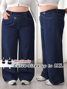 SHEIN Tall CURVE 秋冬夏季加大码女式直筒牛仔裤，休闲宽松不对称腰线设计，原色牛仔布 - 深色水洗藍 - 查看 7