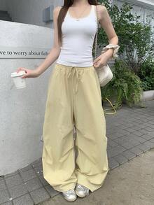 DAZY 女款配色上衣與抽繩腰寬腿褲休閒兩件套 夏季 - 黃色 - 查看 4