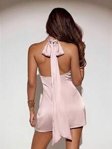 SHEIN ICON Elegant Backless Long Tie Neck Mini Dress,Dresses For Women Summer - Pink - View 2