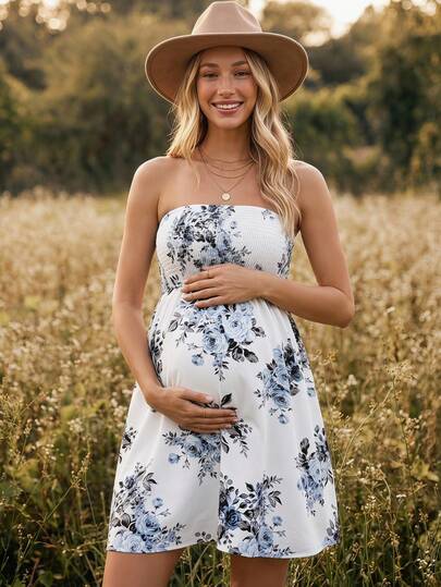 Boho Mama Vestido de maternidad de tirantes sin mangas con estampado floral, moda de verano
