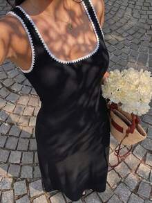 Silhoulove Women's Contrast Color Embroidered Square Neck Sleeveless Elastic Knit Maxi Dress Wedding Guest Vacation Black Summer Elegant Casual Holiday - Black and White - View 1