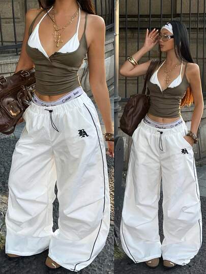 Coolane Women's  Fall/Winter  Streetwear  Banded Texture Decoration  Sport Parachute Pants,Back To School Outfits,White Sweatpants