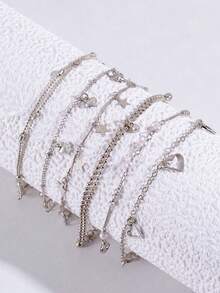 ROMWE Grunge Punk 6 Pieces Set Of Simple And Fashionable Alloy Five-Pointed Star Tassels Hollow Love Three-Dimensional Heart Tassel Bracelet Set Female Date Gift - Silver - View 2