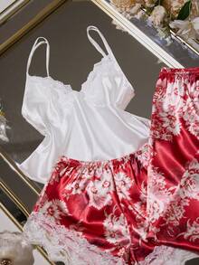 LuxeNights 3pcs Women Sexy Satin Camisole Sleepwear Set, Lace Trim Shorts & Printed Pants, Multi-Piece, All Season - Burgundy - View 5