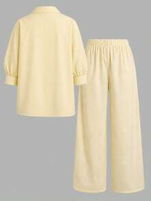SHEIN Teen Girls' Summer Lightweight Yellow Striped Shirt And Pants Set, Casual Vacation Outfit - Yellow - View 2