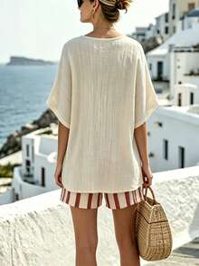SHEIN Holidaya Bộ đồ nữ dáng rộng, cổ tròn, tay ngắn, kẻ sọc dọc, kiểu dáng thường ngày. - Nhiều màu - Xem 2