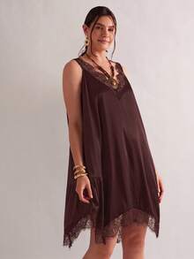 Freevana Vestido de talla grande de unicolor con parches de encaje - Burdeos - Ver 4