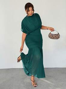 Firerie Plus Size Women's Elegant Dark Green Autumn Wedding Guest Dress,Delicate Sheer Mesh 2 In 1 Charming Extra Long Maxi Party Dress - Green - View 5