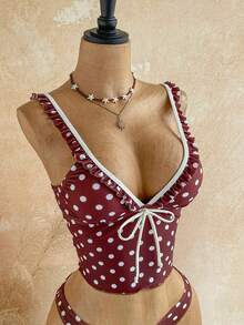 Soleia Women's White Polka Dot Print Deep V-Neck Bikini Set Beach Summer Cute - Brown - View 4
