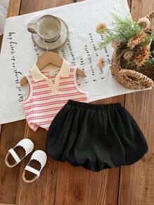 SHEIN LMoss Kids 女婴可爱夏季条纹 Polo 领背心和松紧腰荷叶边短裤套装 - 粉色 - 查看 3