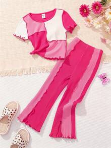 SHEIN Cô gái Điền kinh Phong cách đường phố Dệt kim Tương phản Màu sắc Vòng cổ Ngắn tay Áo thun & Quần ống loe Bộ - Màu Hồng Tươi - Xem 2