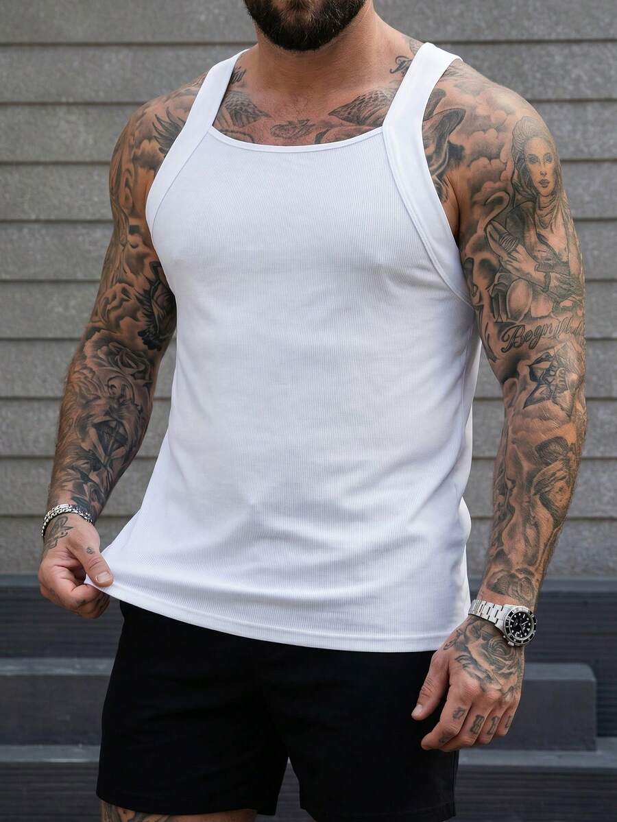 Manfinity Homme 2pcs Plus Size Men's Casual Solid Color Ribbed Knit Square Neck Sleeveless Tank Top, Versatile For Daily Wear, Summer - Multicolor - View 1
