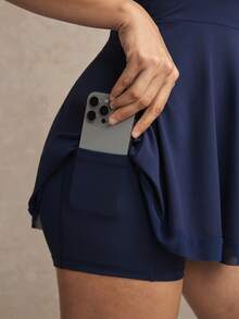 Activina 女士时尚百搭字母印花纽扣半开襟运动连衣裙 - 藍色 - 查看 8