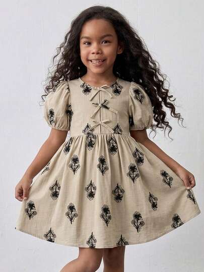 Maija Kids Maija Kids 1 chiếc đầm thời trang tối giản cổ điển dành cho bé gái, kiểu dáng thường ngày, đa năng, màu đen thêu họa tiết, cổ tròn, nơ trang trí, tay phồng quá khổ, eo thắt, chân váy xòe, chất liệu thêu rỗng, thích hợp mặc hàng ngày, đi học, đi chơi, họp mặt, lễ hội, mùa xuân, mùa hè.
