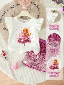 SHEIN 2pcs/Set Young Girl Knitted Cute Girl Pattern Vest And Beaded Skirt Set - Hot Pink - View 15