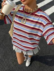 Muchica Oversized Streetwear Casual Minimalist Pattern Round Neck Short Sleeve Loose T-Shirt For Women Summer Top Vacation Burgundy - Multicolor - View 4