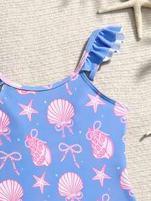 SHEIN Young Girls One-Piece Swimsuit, Cute Blue Starfish Pattern, Knit Fabric With Ruffle Trim, One-Piece With Skirt, Fashionable Casual Elegant Design, Suitable For Swimming, Summer Vacation, Beach, Pool, Holiday Party - Blue - View 5
