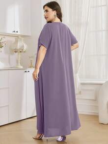 Al Najma Vestido largo de manga corta de unicolor, talla grande, estilo turco y árabe para mujeres - Morado - Ver 2