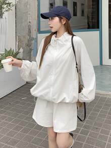 DAZY Women's Casual Loose Long Sleeve Jacket & Shorts 2 Pieces Set, Streetwear Style - White - View 3