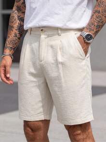 Manfinity CasualCool Quần short nam dáng suông, túi xéo, chất liệu vải lanh, rộng đến đầu gối, thoáng mát, màu trơn, cơ bản cho mùa hè. Quần short nam mùa hè, quần short nam thường ngày, quần short kaki nam, quần Bermuda nam, quần short vải lanh cho nam. Một món quà tuyệt vời cho bạn trai hoặc chồng. - Màu be - Xem 5