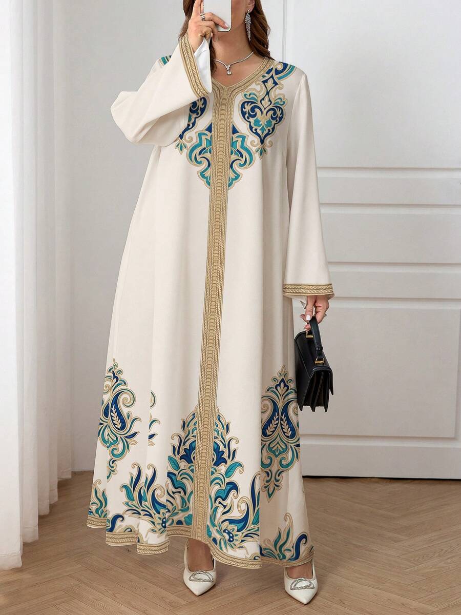 Al Najma Plus Size Casual Elegant Printed Loose Arabic Style Dress - Multicolor - View 1