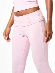 BABYPHAT Fold Over Waist Flare Leggings With Rhinestone Logo Detail Low Rise Bell Bottom Full Length Pants - Baby Pink - View 6