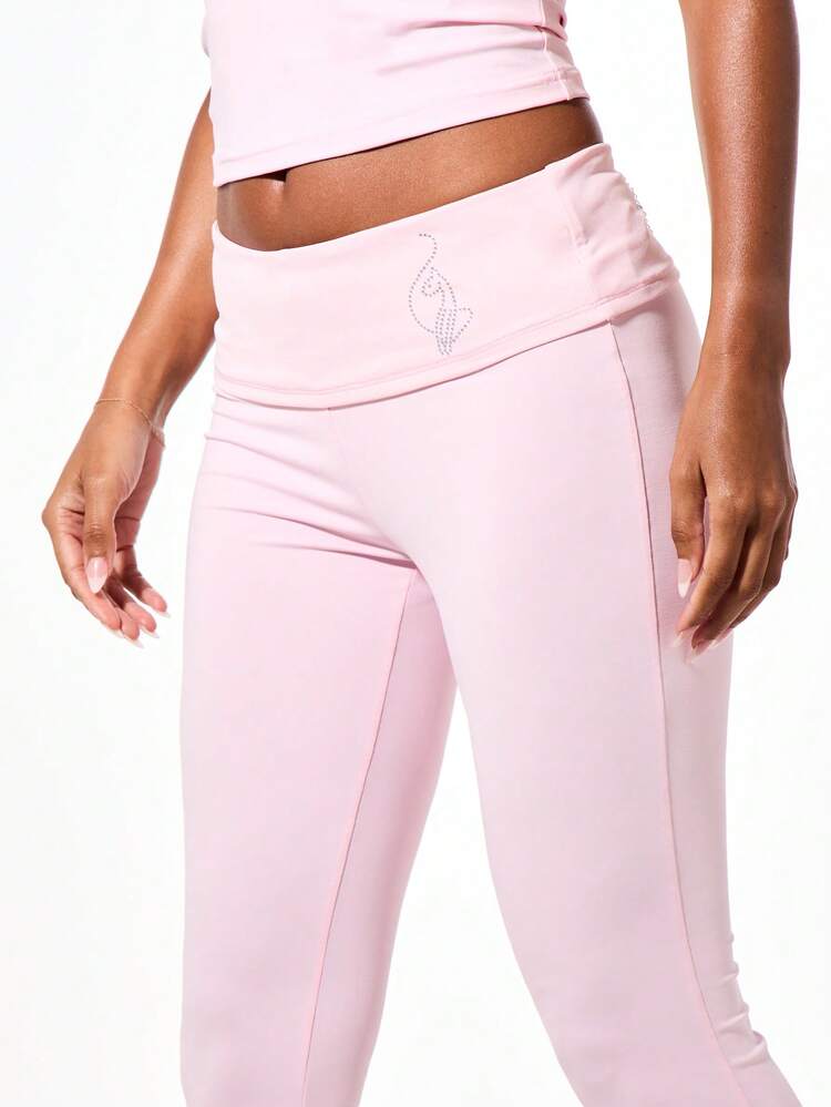 BABYPHAT Leggings à taille pliante avec détail de logo strass, taille basse, pattes d'éléphant, longueur intégrale