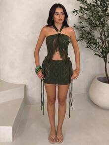 SHEIN Glamour 女士针织欧美风度假流苏性感迷你裙 - 軍綠色 - 查看 5