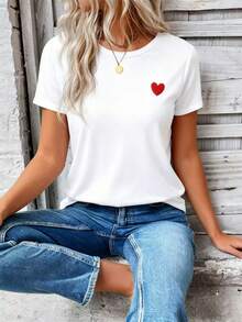 EMERY ROSE Women's New Arrival Heart Print Pattern Round Neck Casual Versatile T-Shirt - White - View 5