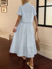 DAZY Spring/Summer Women's Elegant Lace Patchwork Pocket Shirt And Skirt 2 Pieces Set - Blue - View 4