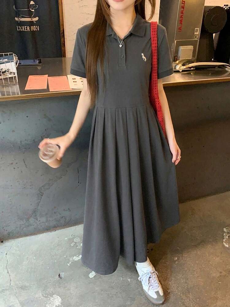 Women's Casual Contrast Color Embroidery Pleated Mid-Length Dress, Summer